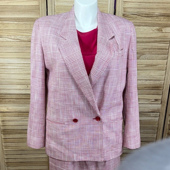 Karen Scott Pink White Plaid Skirt Blouse Blazer Suit 3-Piece Set 14-16 VIntage - Picture 2 of 13